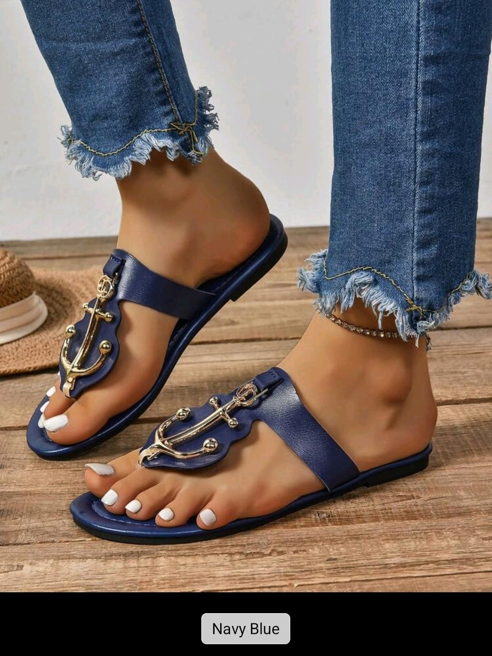 Navy Blue Women's Anchor-Embellished Slide Sandals